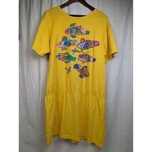 Ken Done Women's Vintage 90's Bright Yellow Fish Blouson Top Coverup Dress